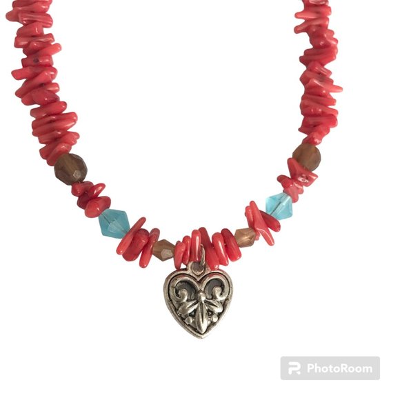 Vintage Fleur de Lis Heart Charm Necklace Choker Red Coral Saints Mardi Gras - Picture 1 of 12